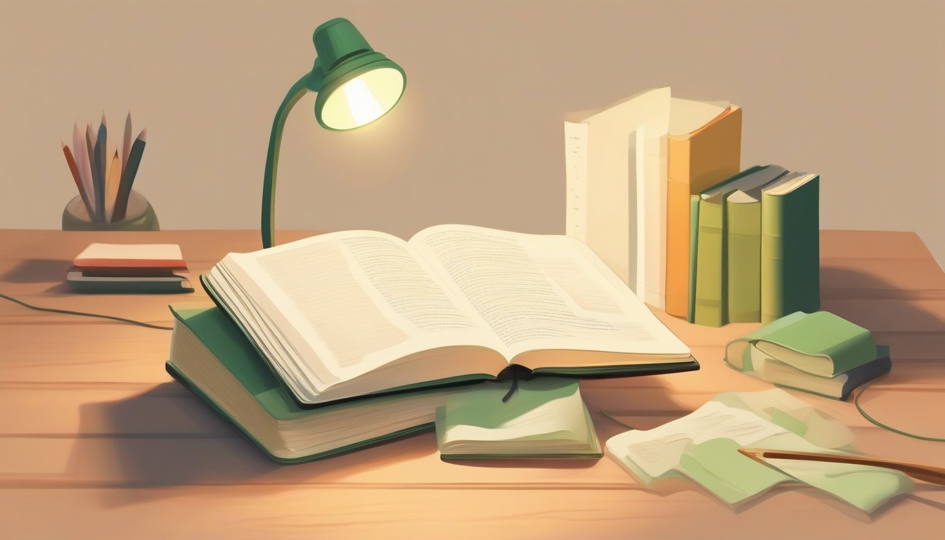 A of an open textbook on a wooden desk surrounded by high...