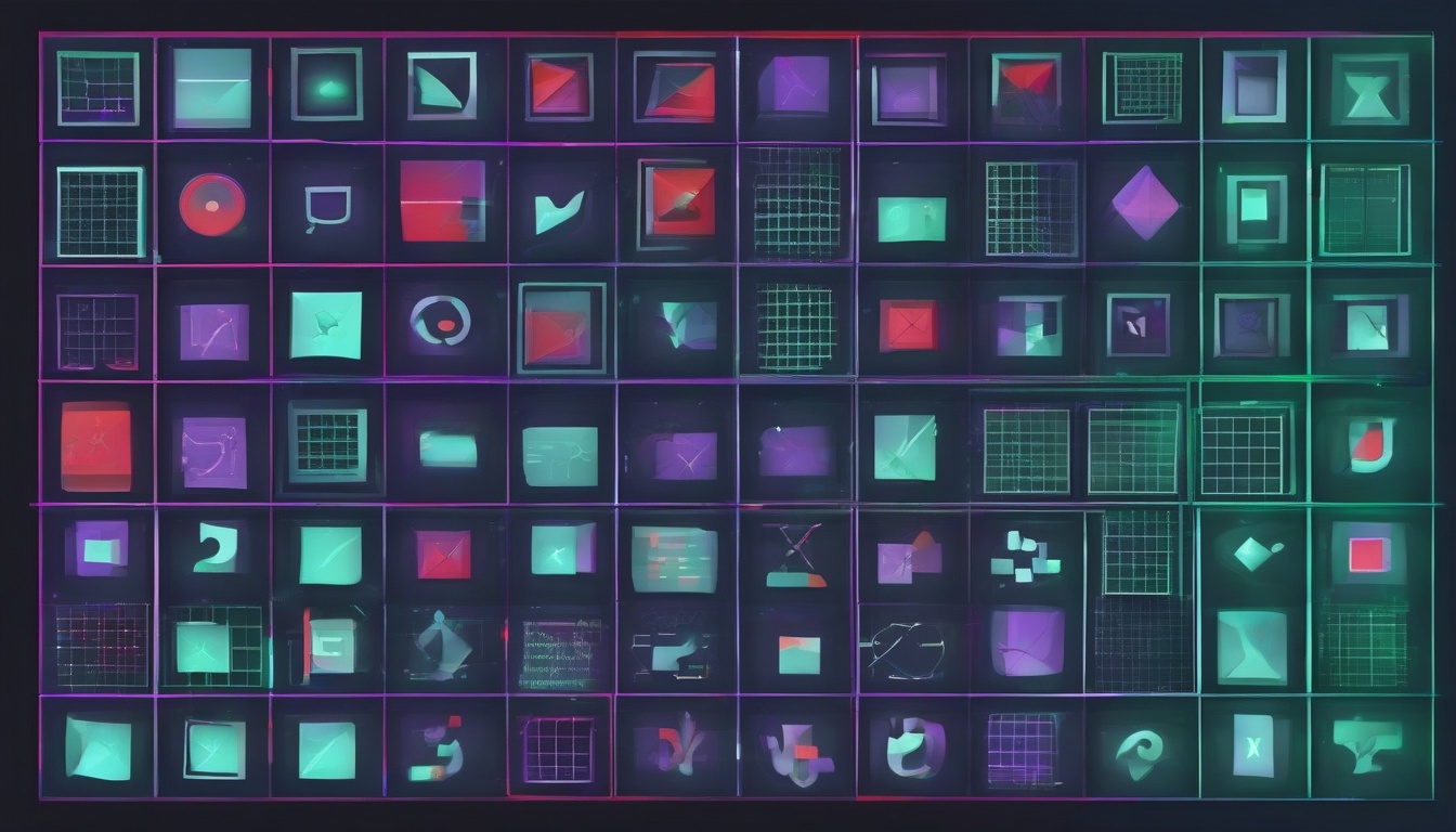 A clean flat illustration of a 3x3 grid matrix with abstr...