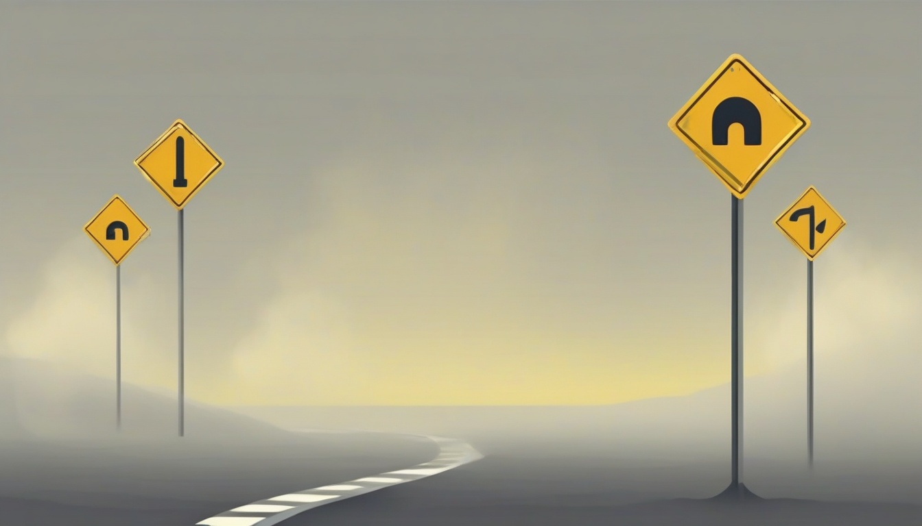A of a road sign with abstract caution shapes against a m...