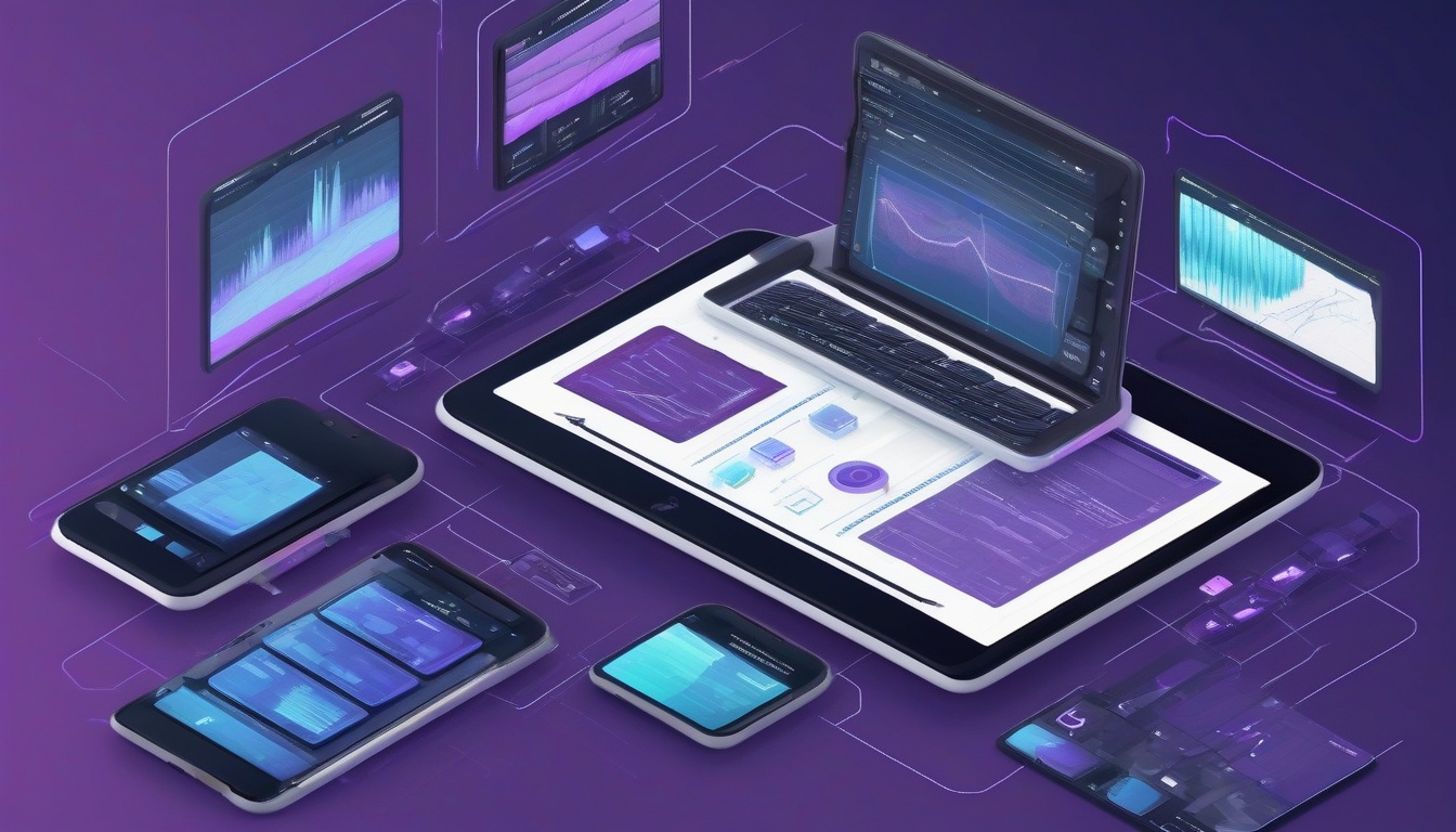 Isometric illustration: a multi-track video editing timel...