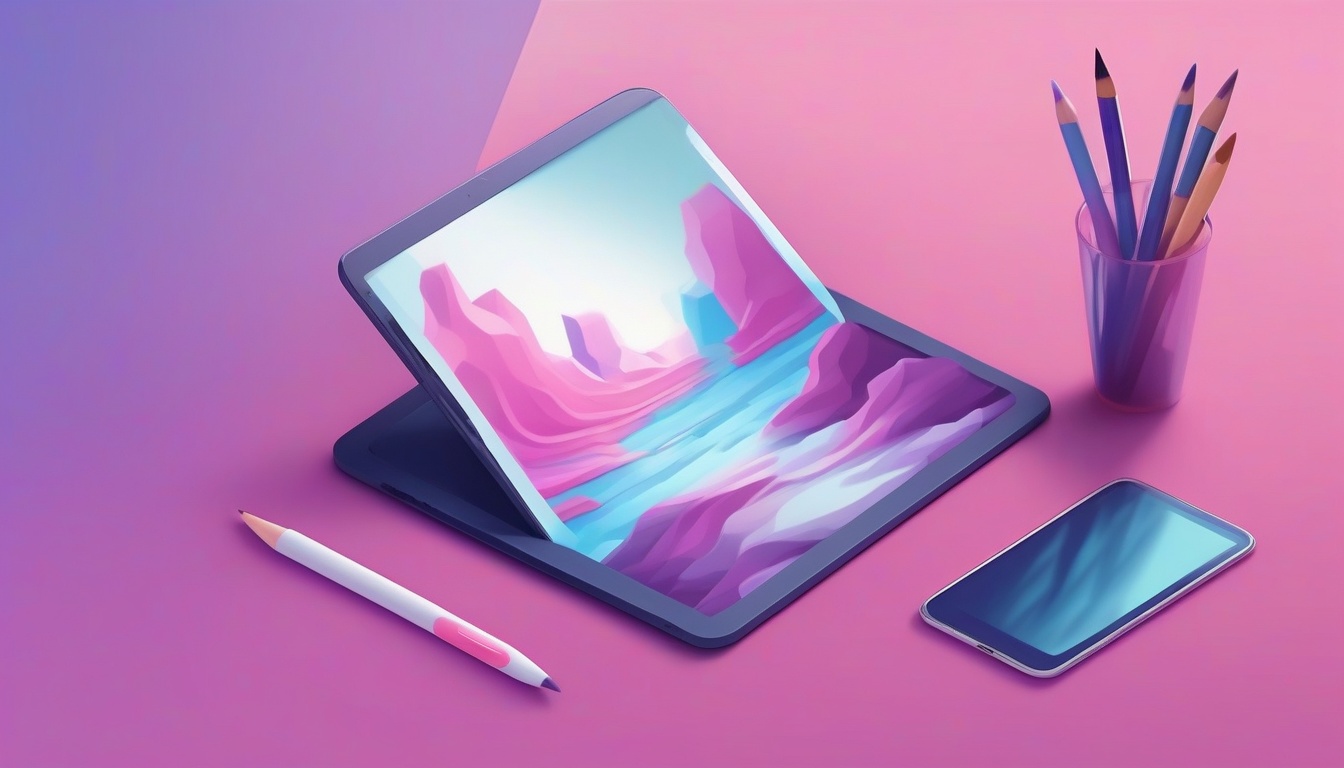 Isometric illustration: a tablet showing a digital art ca...