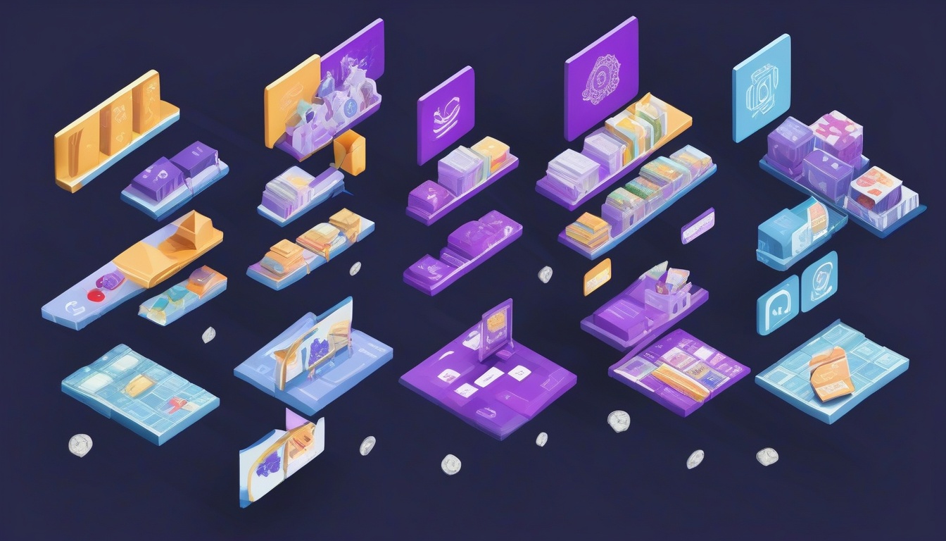 An isometric illustration of a marketplace shelf with fiv...