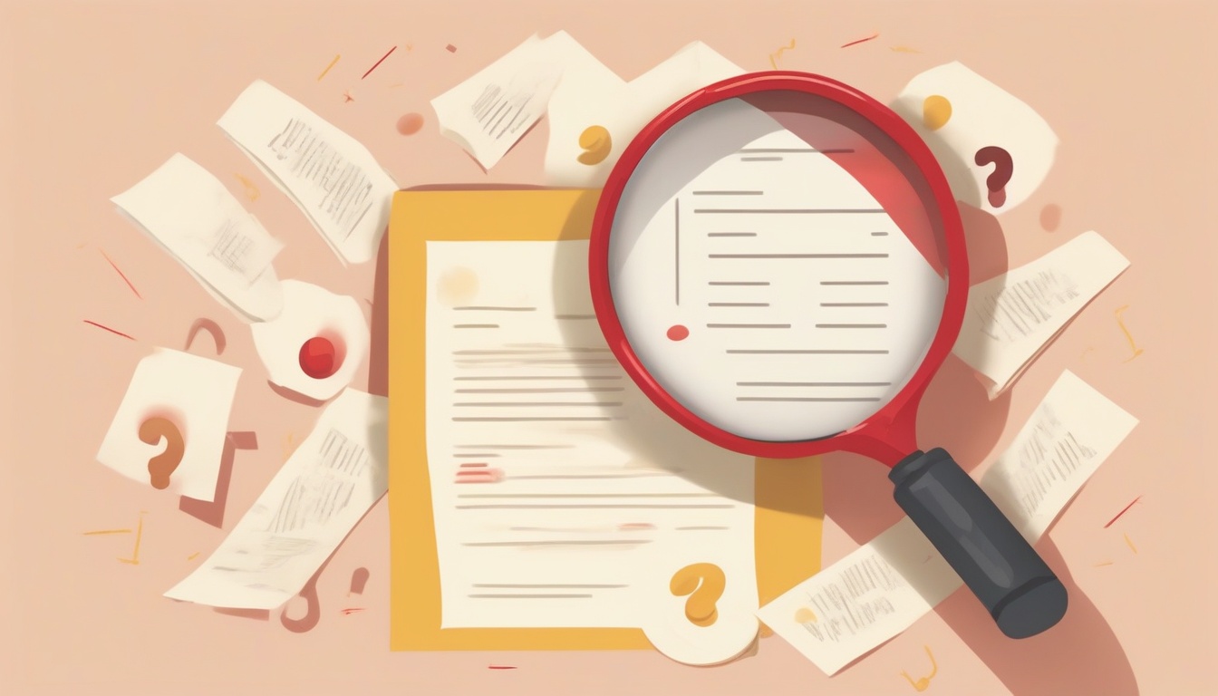 A of a magnifying glass examining a document with questio...