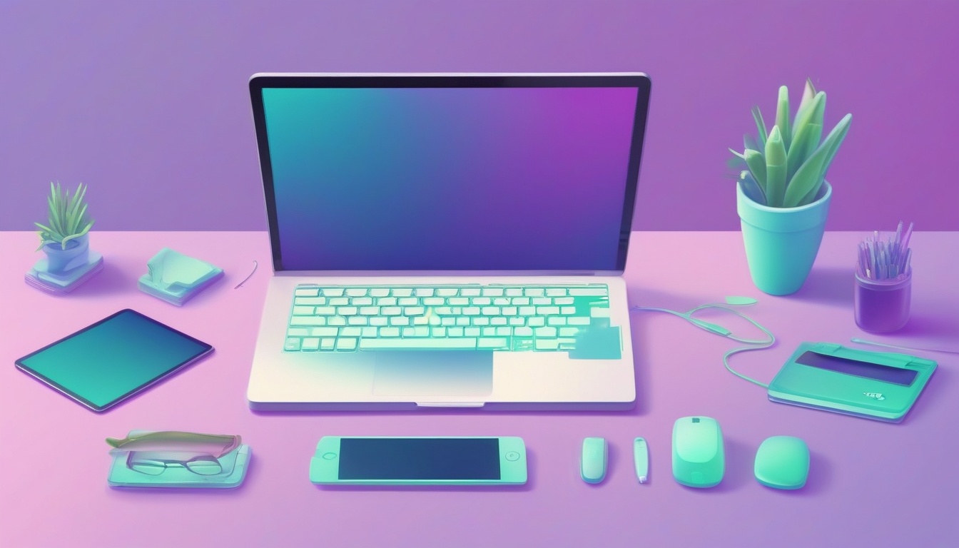A clean flat illustration of a tidy desk with a single de...