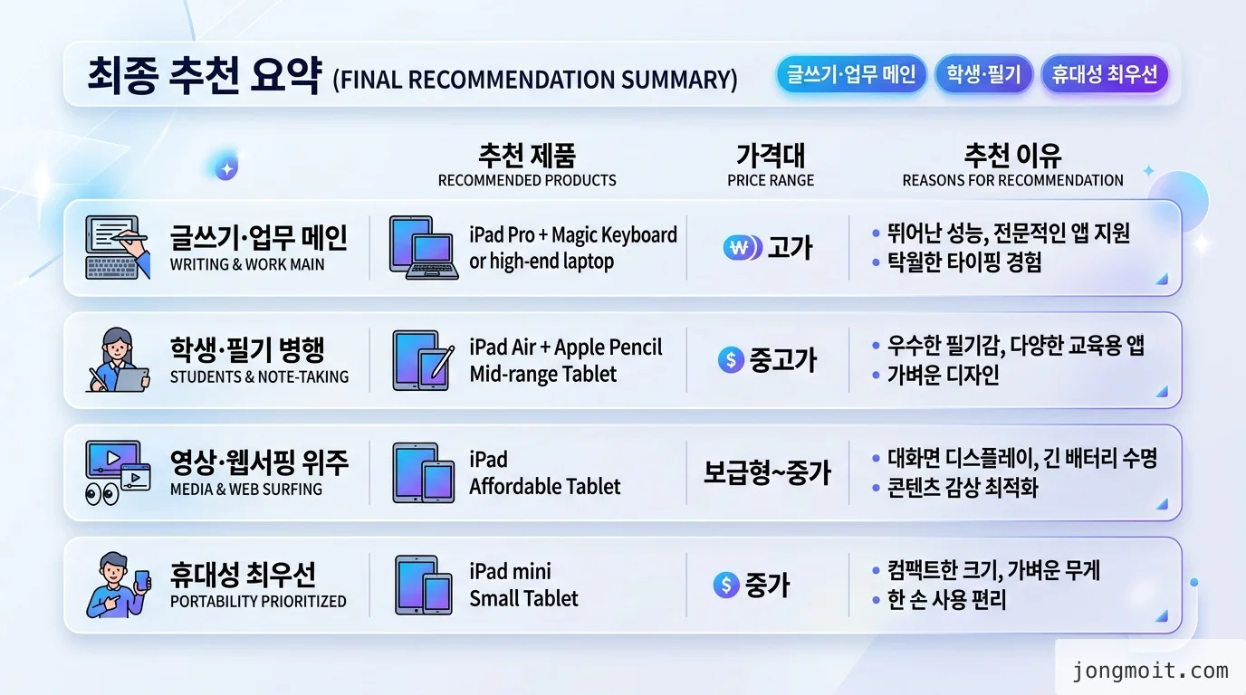 사용 목적별 아이패드 키보드 추천 요약